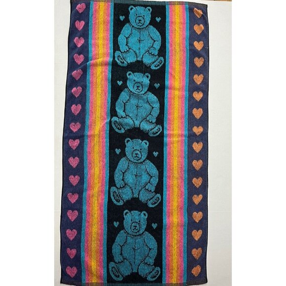 Vintage J Franco Beach Towel Blue Bears Teddy Bear Heart 24x47" - Picture 1 of 7